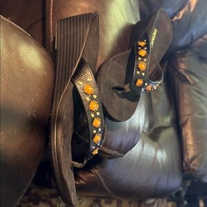 Vionic Orthaheel Floriana Marceau Embellished Black Flip Flops Sandals Women's 8